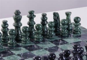 Chess Set Quarried Green & White Marble with matching 16" board NEW 3 3/8" Kings 